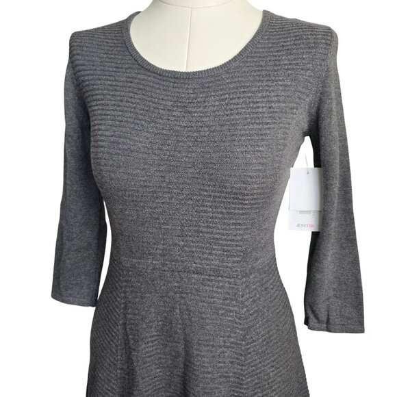 Justfab Gray Ribbed Knit Skater Dress With 3/4 Sleeves Womens Small JJ3870 - Picture 1 of 10
